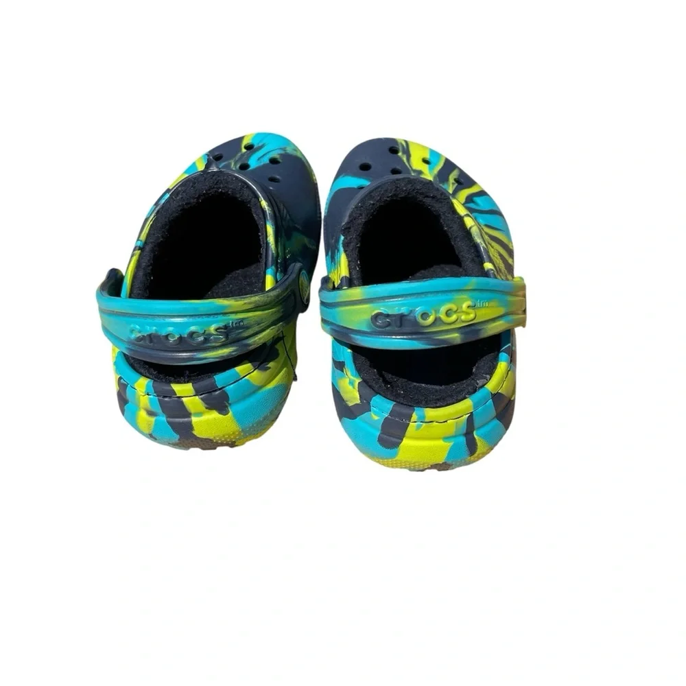 Lined Fuzzy CROCS Kids  - Blue and Yellow